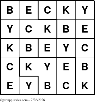 The grouppuzzles.com Answer grid for the Becky puzzle for Sunday July 26, 2026