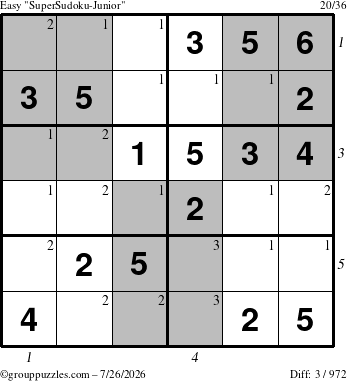 The grouppuzzles.com Easy SuperSudoku-Junior puzzle for Sunday July 26, 2026, suitable for printing, with all 3 steps marked
