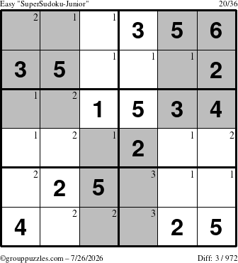 The grouppuzzles.com Easy SuperSudoku-Junior puzzle for Sunday July 26, 2026 with the first 3 steps marked
