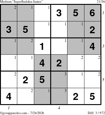 The grouppuzzles.com Medium SuperSudoku-Junior puzzle for Sunday July 26, 2026 with all 3 steps marked