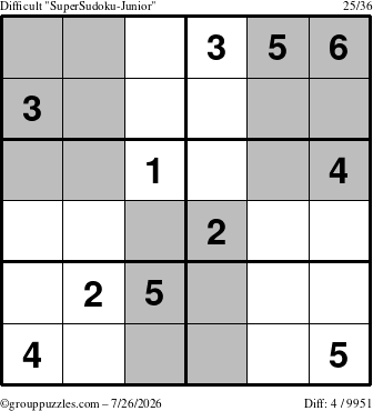 The grouppuzzles.com Difficult SuperSudoku-Junior puzzle for Sunday July 26, 2026