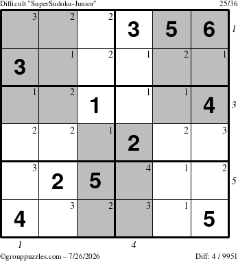 The grouppuzzles.com Difficult SuperSudoku-Junior puzzle for Sunday July 26, 2026 with all 4 steps marked