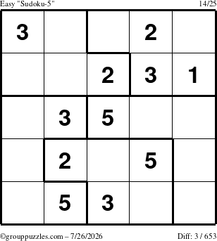 The grouppuzzles.com Easy Sudoku-5 puzzle for Sunday July 26, 2026