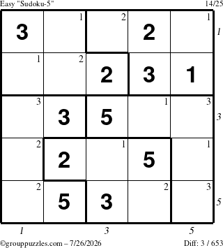 The grouppuzzles.com Easy Sudoku-5 puzzle for Sunday July 26, 2026 with all 3 steps marked