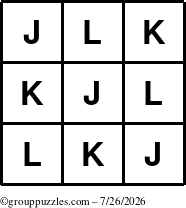 The grouppuzzles.com Answer grid for the TicTac-JKL puzzle for Sunday July 26, 2026