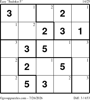 The grouppuzzles.com Easy Sudoku-5 puzzle for Sunday July 26, 2026 with the first 3 steps marked