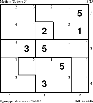 The grouppuzzles.com Medium Sudoku-5 puzzle for Sunday July 26, 2026 with all 4 steps marked