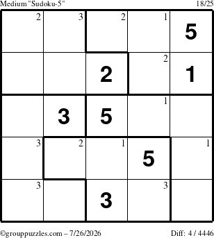 The grouppuzzles.com Medium Sudoku-5 puzzle for Sunday July 26, 2026 with the first 3 steps marked