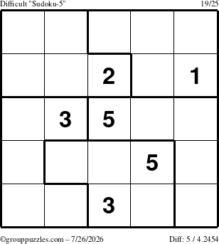 The grouppuzzles.com Difficult Sudoku-5 puzzle for Sunday July 26, 2026