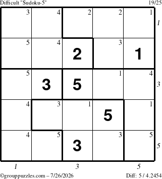 The grouppuzzles.com Difficult Sudoku-5 puzzle for Sunday July 26, 2026 with all 5 steps marked