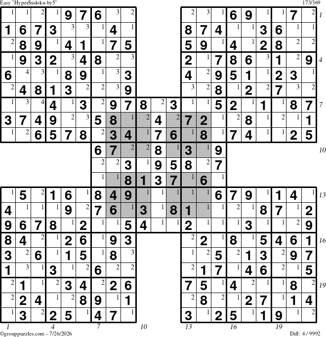 The grouppuzzles.com Easy HyperSudoku-by5 puzzle for Sunday July 26, 2026, suitable for printing, with all 4 steps marked