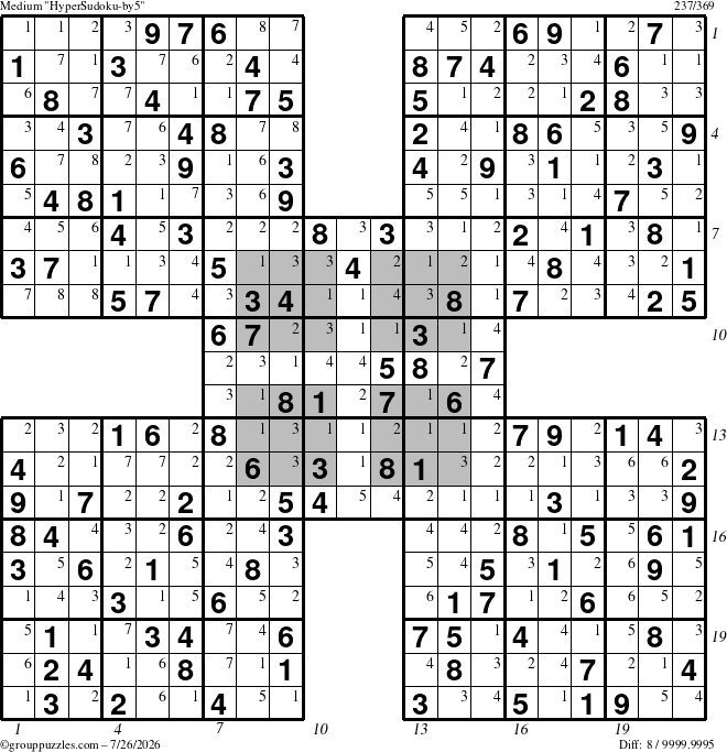 The grouppuzzles.com Medium HyperSudoku-by5 puzzle for Sunday July 26, 2026, suitable for printing, with all 8 steps marked