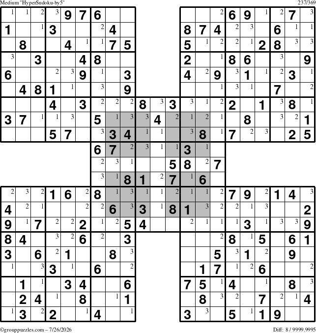 The grouppuzzles.com Medium HyperSudoku-by5 puzzle for Sunday July 26, 2026 with the first 3 steps marked