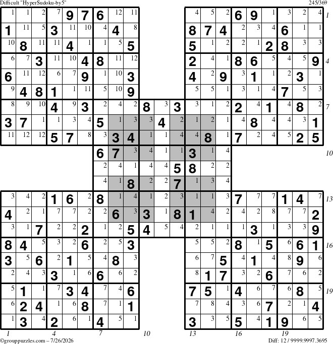 The grouppuzzles.com Difficult HyperSudoku-by5 puzzle for Sunday July 26, 2026, suitable for printing, with all 12 steps marked