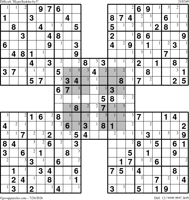 The grouppuzzles.com Difficult HyperSudoku-by5 puzzle for Sunday July 26, 2026 with the first 3 steps marked