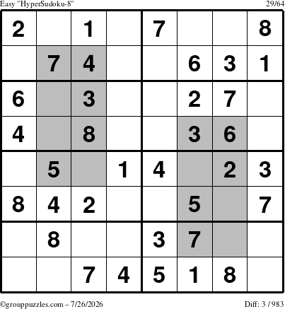 The grouppuzzles.com Easy HyperSudoku-8 puzzle for Sunday July 26, 2026