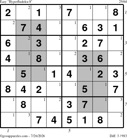 The grouppuzzles.com Easy HyperSudoku-8 puzzle for Sunday July 26, 2026, suitable for printing, with all 3 steps marked