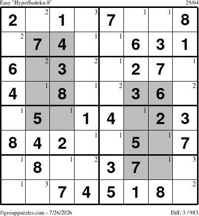 The grouppuzzles.com Easy HyperSudoku-8 puzzle for Sunday July 26, 2026 with the first 3 steps marked