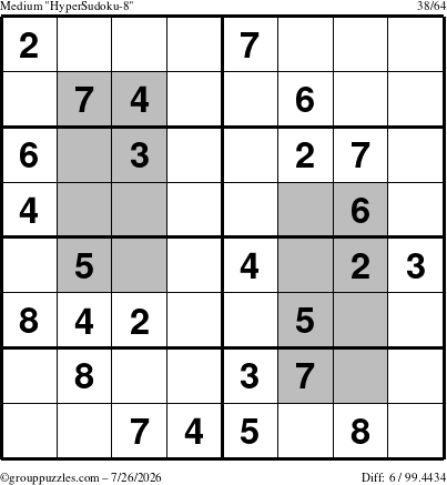 The grouppuzzles.com Medium HyperSudoku-8 puzzle for Sunday July 26, 2026