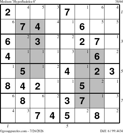 The grouppuzzles.com Medium HyperSudoku-8 puzzle for Sunday July 26, 2026 with all 6 steps marked