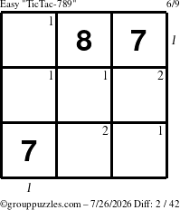 The grouppuzzles.com Easy TicTac-789 puzzle for Sunday July 26, 2026, suitable for printing, with all 2 steps marked