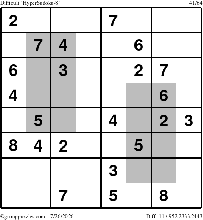 The grouppuzzles.com Difficult HyperSudoku-8 puzzle for Sunday July 26, 2026