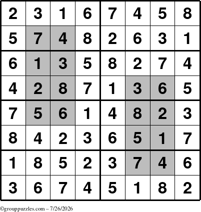 The grouppuzzles.com Answer grid for the HyperSudoku-8 puzzle for Sunday July 26, 2026