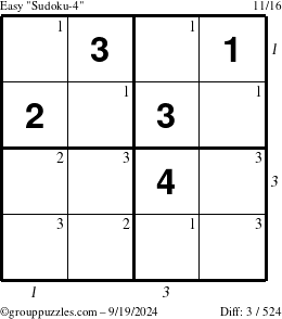 The grouppuzzles.com Easy Sudoku-4 puzzle for Thursday September 19, 2024 with all 3 steps marked