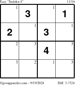 The grouppuzzles.com Easy Sudoku-4 puzzle for Thursday September 19, 2024 with the first 3 steps marked