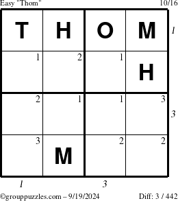 The grouppuzzles.com Easy Thom puzzle for Thursday September 19, 2024 with all 3 steps marked