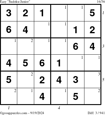 The grouppuzzles.com Easy Sudoku-Junior puzzle for Thursday September 19, 2024 with all 3 steps marked