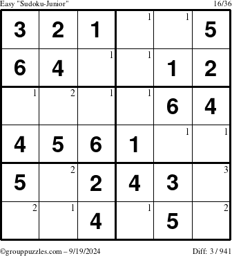 The grouppuzzles.com Easy Sudoku-Junior puzzle for Thursday September 19, 2024 with the first 3 steps marked