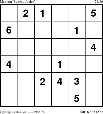 The grouppuzzles.com Medium Sudoku-Junior puzzle for Thursday September 19, 2024