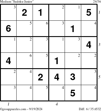 The grouppuzzles.com Medium Sudoku-Junior puzzle for Thursday September 19, 2024 with all 6 steps marked