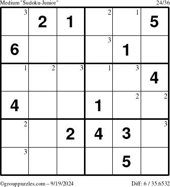 The grouppuzzles.com Medium Sudoku-Junior puzzle for Thursday September 19, 2024 with the first 3 steps marked