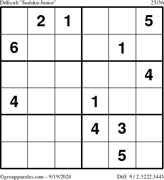 The grouppuzzles.com Difficult Sudoku-Junior puzzle for Thursday September 19, 2024