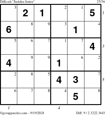 The grouppuzzles.com Difficult Sudoku-Junior puzzle for Thursday September 19, 2024 with all 9 steps marked