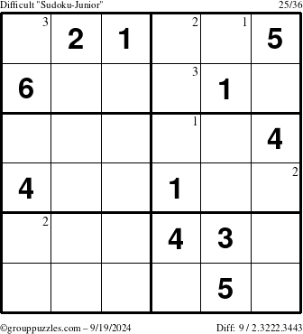 The grouppuzzles.com Difficult Sudoku-Junior puzzle for Thursday September 19, 2024 with the first 3 steps marked