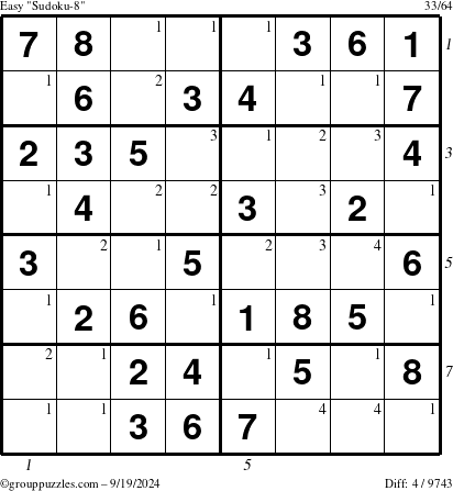 The grouppuzzles.com Easy Sudoku-8 puzzle for Thursday September 19, 2024 with all 4 steps marked