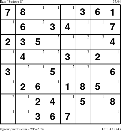 The grouppuzzles.com Easy Sudoku-8 puzzle for Thursday September 19, 2024 with the first 3 steps marked