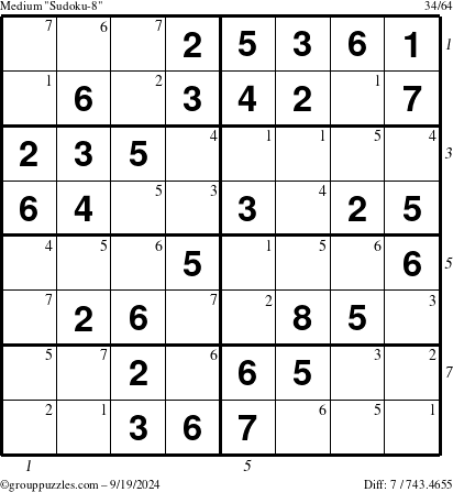 The grouppuzzles.com Medium Sudoku-8 puzzle for Thursday September 19, 2024 with all 7 steps marked