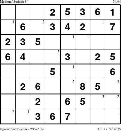 The grouppuzzles.com Medium Sudoku-8 puzzle for Thursday September 19, 2024 with the first 3 steps marked