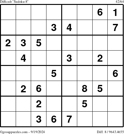 The grouppuzzles.com Difficult Sudoku-8 puzzle for Thursday September 19, 2024