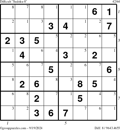 The grouppuzzles.com Difficult Sudoku-8 puzzle for Thursday September 19, 2024 with all 8 steps marked