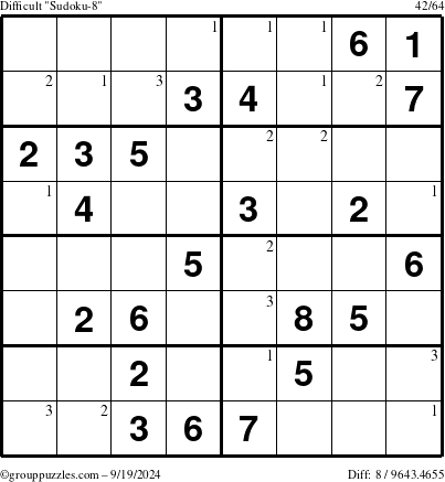 The grouppuzzles.com Difficult Sudoku-8 puzzle for Thursday September 19, 2024 with the first 3 steps marked