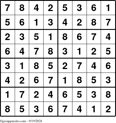 The grouppuzzles.com Answer grid for the Sudoku-8 puzzle for Thursday September 19, 2024