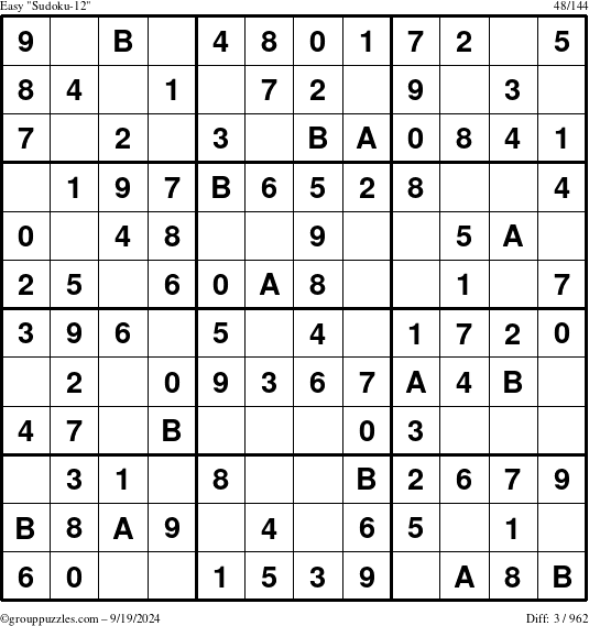 The grouppuzzles.com Easy Sudoku-12 puzzle for Thursday September 19, 2024