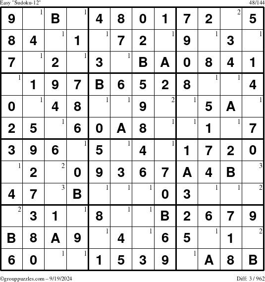 The grouppuzzles.com Easy Sudoku-12 puzzle for Thursday September 19, 2024 with the first 3 steps marked