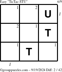 The grouppuzzles.com Easy TicTac-STU puzzle for Thursday September 19, 2024, suitable for printing, with all 2 steps marked