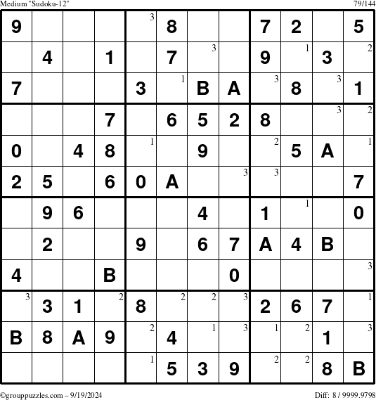 The grouppuzzles.com Medium Sudoku-12 puzzle for Thursday September 19, 2024 with the first 3 steps marked